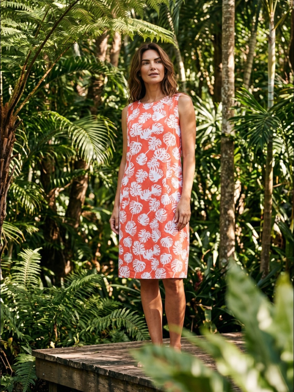 sleeveless tropical dress, salmon pink and white resortwear dress size large